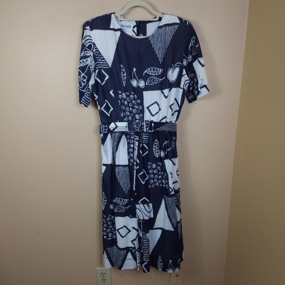 Vintage Henry Lee Belted Geometric Print Pencil Dress in Blue Size 12